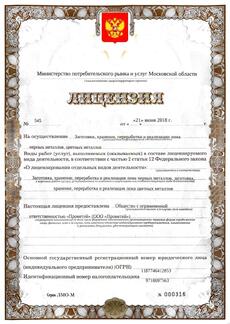 Первая страница лицензии на прием и заготовку металла