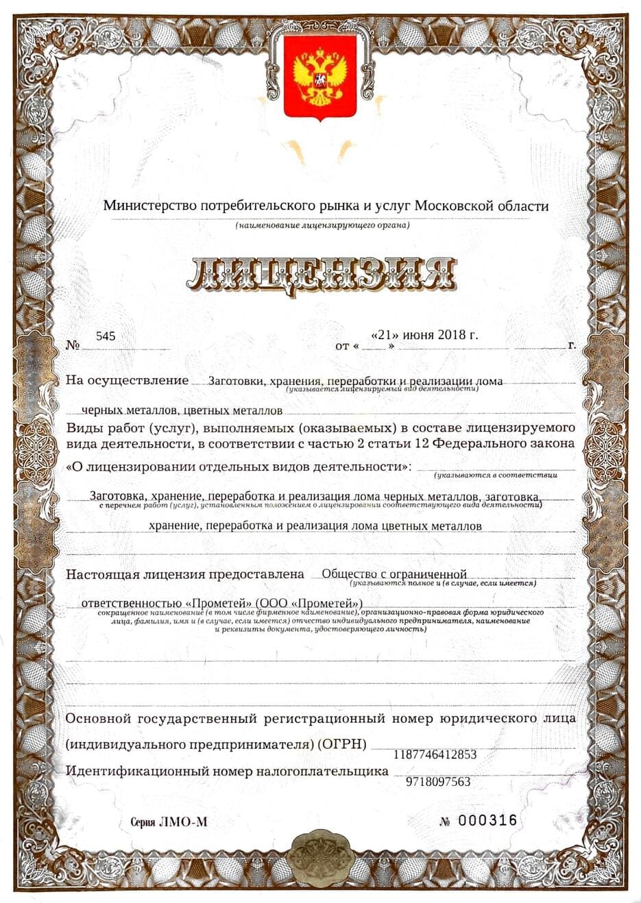 Первая страница лицензии на прием и заготовку металлолома